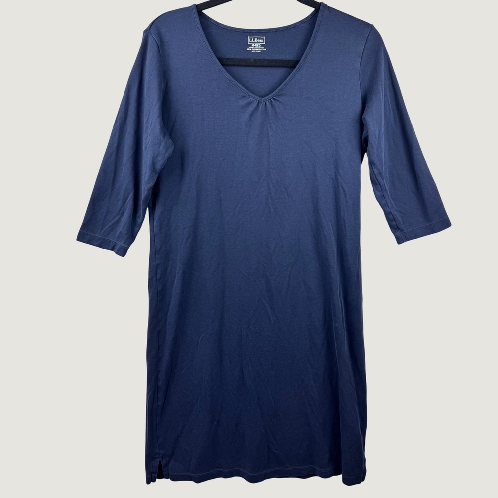 L.L. Bean T-Shirt Dress Women Medium Navy Supima Cotton V-Neck 3/4 Sleeve Casual